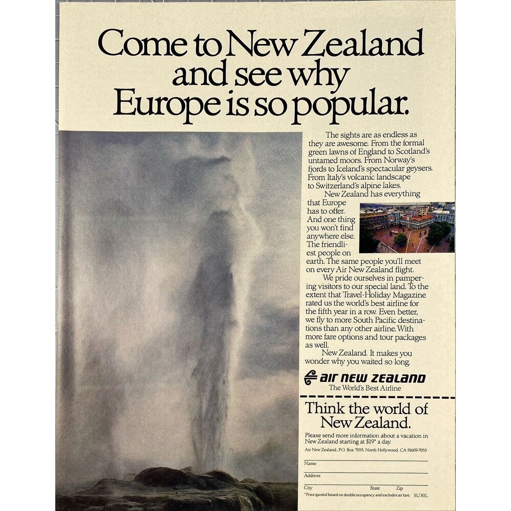 New Zealand Air See New Zealand, see why Europe is so popular. Vtg Print Ad 1985